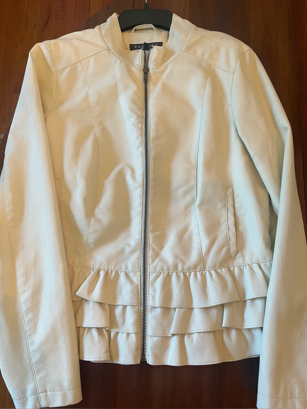 Women’s Cream Ruffle Hem Zip-Front Faux Leather Jacket